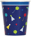 Navy blue disposable cup with colorful balloons, party hats, and confetti designs in red, yellow, and green throughout.