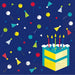 Colorful birthday-themed napkins featuring a yellow and teal layered cake with lit candles surrounded by confetti, balloons, and party hats on a dark blue background.