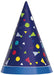 Navy blue cone-shaped party hat with colorful geometric shapes including circles, triangles, and abstract patterns in lime green, yellow, red, and cyan on the front, topped with a blue band at the base.