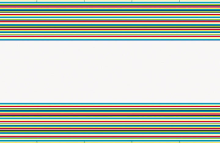 Plastic tablecover featuring horizontal stripes in teal, red, and white colors arranged in repeating bands across the surface.