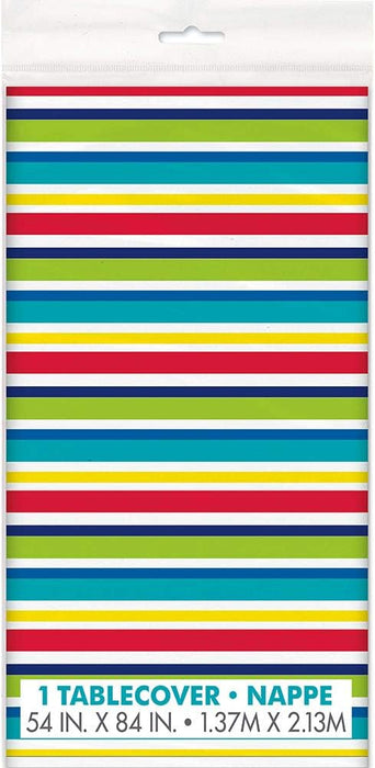 Packaged plastic tablecover featuring horizontal stripes in red, navy blue, lime green, teal, and yellow, measuring 54 by 84 inches.