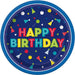 Round paper plate with blue rim featuring "Happy Birthday" text in multicolored letters and scattered confetti, balloons, and party hat graphics on a dark blue background.