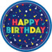 Round dark blue paper plate with colorful "Happy Birthday" text in red, yellow, green, and teal letters surrounded by festive party balloons, confetti, and cone hats in multiple colors.