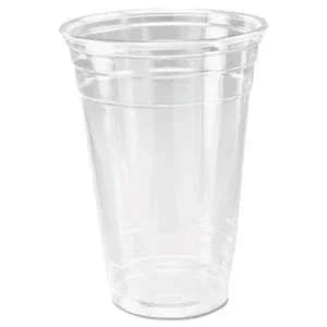 Clear plastic disposable cup with ridged design, 24 ounces, shown filled partially with water against a white background.