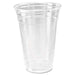 Clear plastic disposable cup with ridged design, 24 ounces, shown filled partially with water against a white background.