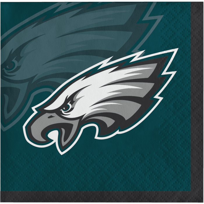 Philadelphia Eagles logo featuring a white eagle head with wings on a teal green background, displayed on a beverage napkin.