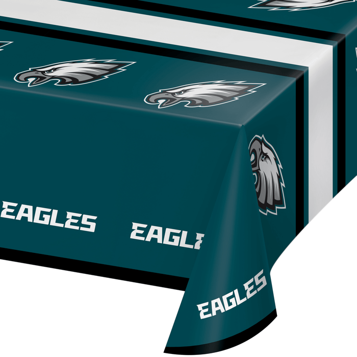 Teal plastic tablecover featuring Philadelphia Eagles logos and team name text repeated across the surface with black trim and white interior visible at the edges.