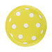 Bright yellow paper plate with white polka dots arranged around the surface and rim.