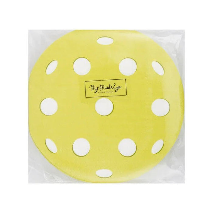Bright yellow round pickleball-shaped paper napkins with white holes throughout, packaged in clear plastic with a "My Mind's Eye" label visible.