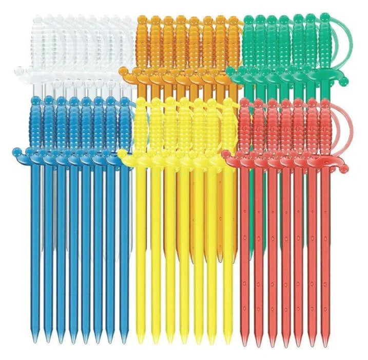 Fifty colorful plastic sword picks arranged in six color groups: clear, blue, orange, green, yellow, and red, each with decorative handles and collection rings.
