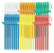 Fifty colorful plastic sword picks arranged in six color groups: clear, blue, orange, green, yellow, and red, each with decorative handles and collection rings.