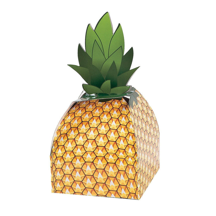 Cubic pineapple-shaped favor box with yellow textured body, dark brown diamond pattern, and green succulent leaves sprouting from the top.