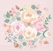 Pink and peach floral napkin with watercolor roses, green leaves, and gold accents on a pale pink dotted background.