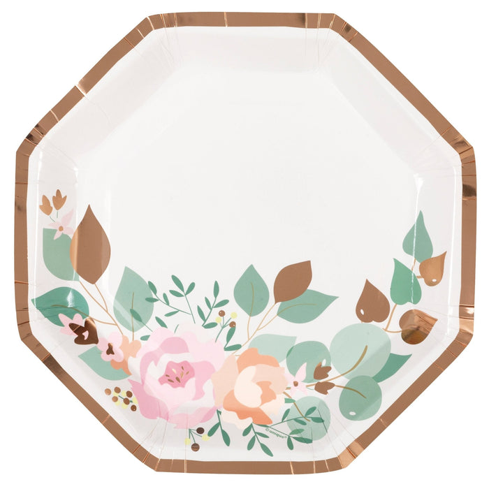 Octagon-shaped paper plate with a cream background bordered by tan, featuring a watercolor floral arrangement of pink and peach roses with green and brown leaves and foliage at the bottom.