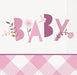 Pink and white beverage napkins featuring the word "BABY" in large purple letters with floral and botanical decorative elements throughout.
