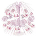 Pink elephant baby shower table centerpiece featuring a clear stand with pink foil fringe sprays, round “Baby” cutouts, and pink elephant cutouts with gingham ear details.