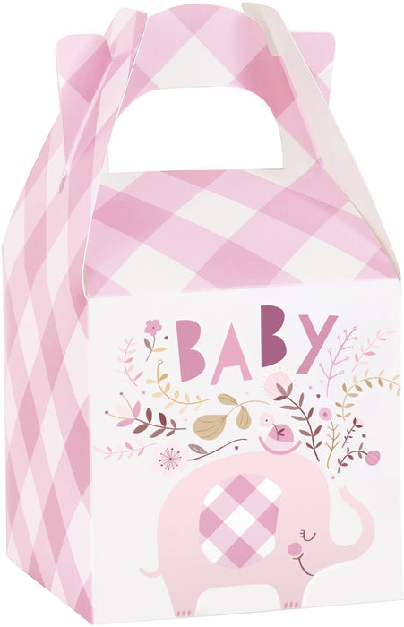 Pink gingham baby favor box featuring a handle top, large “Baby” lettering, floral accents, and a pink elephant with a gingham ear on the front.