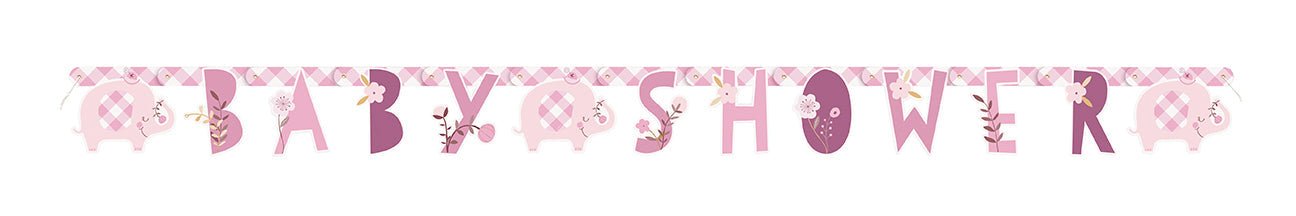 Pink elephant baby shower banner featuring “Baby Shower” lettering with pink gingham elephant accents, floral details, and a pink gingham top border.