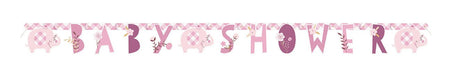 Pink elephant baby shower banner featuring “Baby Shower” lettering with pink gingham elephant accents, floral details, and a pink gingham top border.