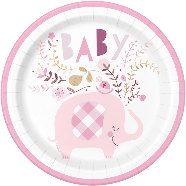  Pink floral elephant baby shower plate featuring a pink-rimmed white paper plate with “Baby” lettering, floral accents, and a pink elephant with a gingham ear.