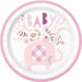  Pink floral elephant baby shower plate featuring a pink-rimmed white paper plate with “Baby” lettering, floral accents, and a pink elephant with a gingham ear.