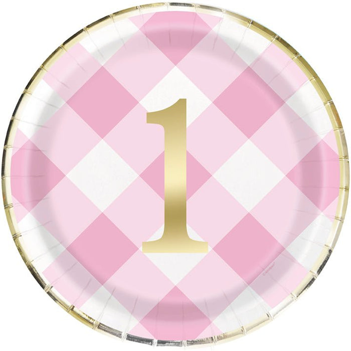 Round pink and white gingham paper plate with a gold number 1 in the center and a gold foil rim.