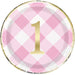 Round pink and white gingham paper plate with a gold number 1 in the center and a gold foil rim.