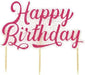 Pink glitter "Happy Birthday" cake topper pick with three wooden stakes on a white speckled background.