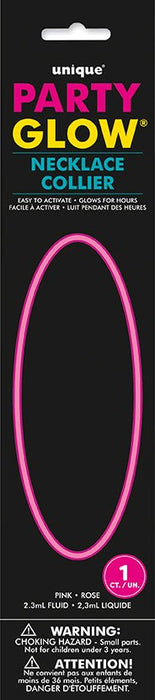 Pink neon glow necklace in oval shape on black packaging labeled Party Glow Necklace Collier, containing one 2.3mL liquid-filled tube.