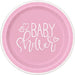 Pink round paper plate with white text reading "Baby Shower" surrounded by small heart designs, measuring 7 inches in diameter.