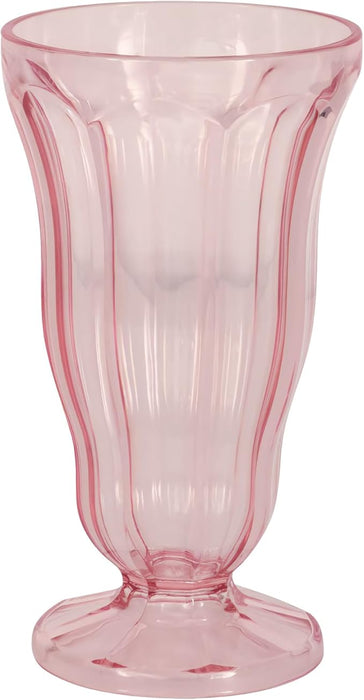 Pink translucent plastic pedestal cup with vertical ribbed detailing and a wide flared rim, holding approximately 15 ounces.