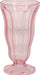 Pink translucent plastic pedestal cup with vertical ribbed detailing and a wide flared rim, holding approximately 15 ounces.