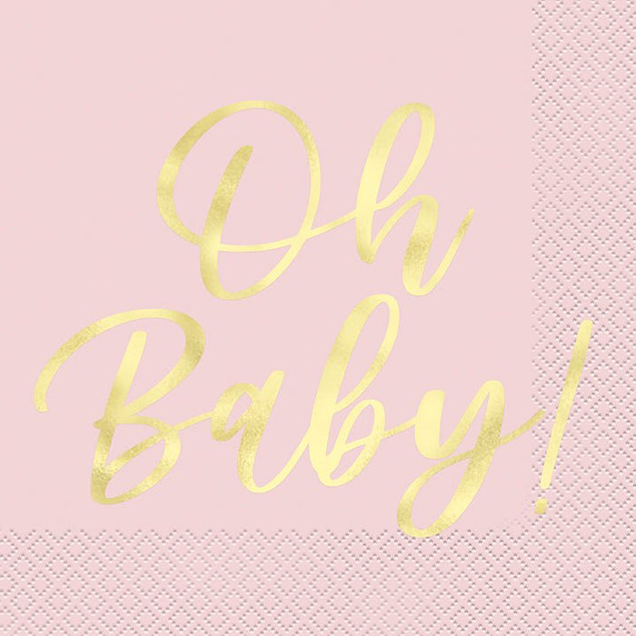 Pink lunch napkins with yellow "Oh Baby!" script text, 16-count package shown against a pink background.