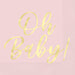 Pink lunch napkins with yellow "Oh Baby!" script text, 16-count package shown against a pink background.