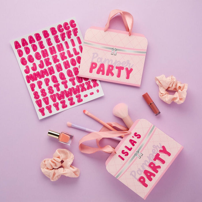 Five pink quilted pouches with hot pink text reading "Party" and "Is Las," surrounded by matching alphabet stickers, makeup brushes, nail polish, hair clips, and cream-colored hair scrunchies on a lavender background.