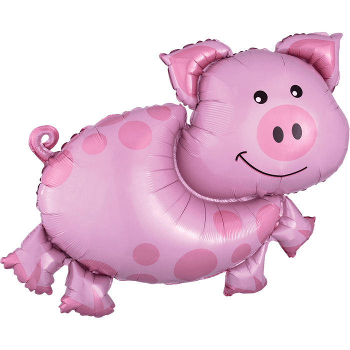 Pink inflatable mylar balloon shaped like a smiling pig with large ears, pink polka dots on its body, and little hooves.