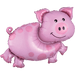 Pink inflatable mylar balloon shaped like a smiling pig with large ears, pink polka dots on its body, and little hooves.