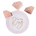 Rose gold geometric diamond shape with pale pink circular base displaying "Pin The Ring" text, accompanied by three faceted diamond cutouts for a bridal shower game.