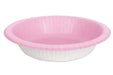 Pink and white paper bowls with ridged sides, showing one bowl from above displaying the pink interior and white exterior.