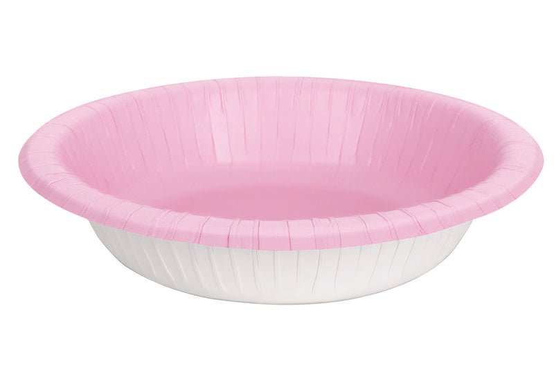 Pink and white paper bowls with ridged sides, showing one bowl from above displaying the pink interior and white exterior.
