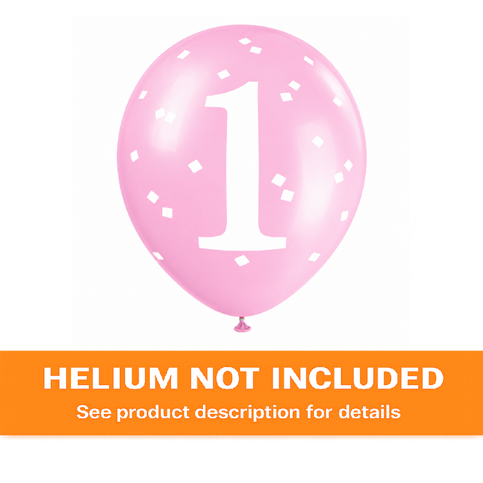 Pink 12-inch first birthday latex balloon with white number 1, white confetti accents, and orange “Helium Not Included” banner at the bottom.