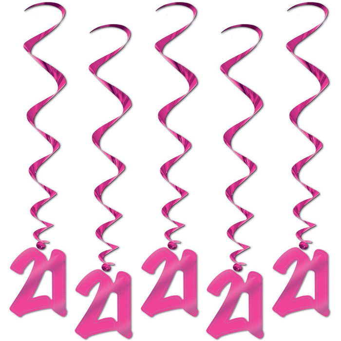 Five pink spiral hanging decorations with large "21" numerals at the bottom, ideal for twenty-first birthday party celebrations.