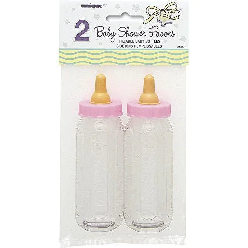 Two clear glass baby bottles with pink caps and gold nipples displayed against a white package with yellow and green wavy stripes.