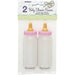 Two clear glass baby bottles with pink caps and gold nipples displayed against a white package with yellow and green wavy stripes.