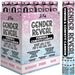 Two pink and white gender reveal powder cannons with black text labeling displayed side by side against a pink and blue gradient background.
