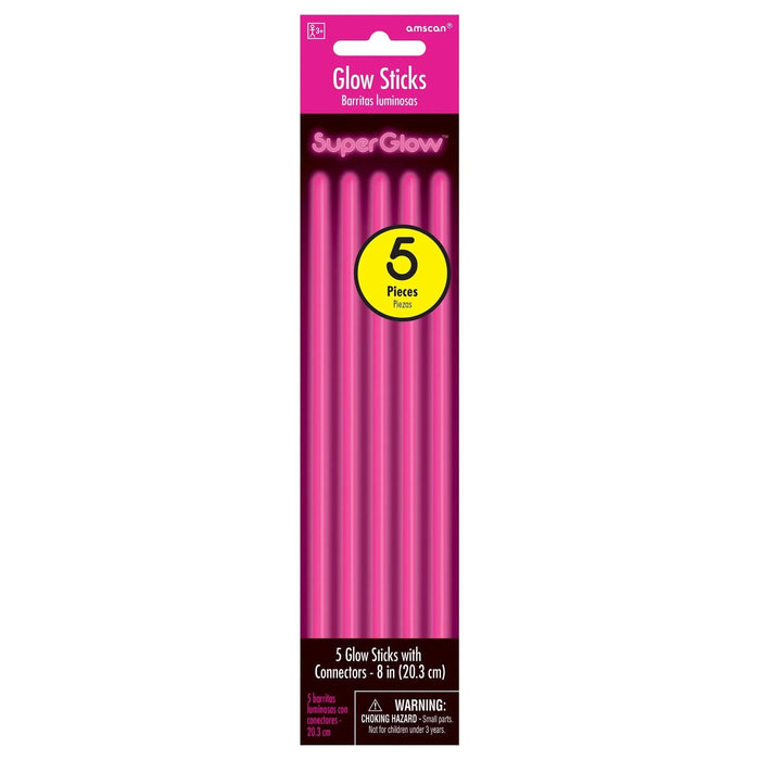 Package of five bright pink glow sticks with connectors, each eight inches long, displayed vertically against a dark brown background with yellow circular badge indicating quantity.