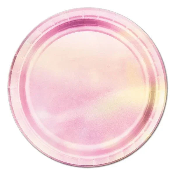 Round pink iridescent paper plates with gradient coloring, featuring a pearlescent finish that shifts between pink, cream, and pale yellow tones.