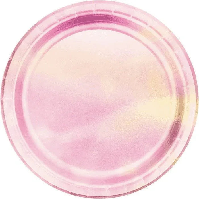 Round paper plate with pink iridescent gradient design featuring shimmering pearlescent finish and darker pink rim accents.