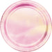 Round paper plate with pink iridescent gradient design featuring shimmering pearlescent finish and darker pink rim accents.