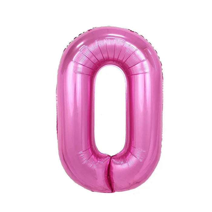Pink foil number zero balloon, 34 inches tall, with a metallic finish and rounded rectangular shape against a white background.